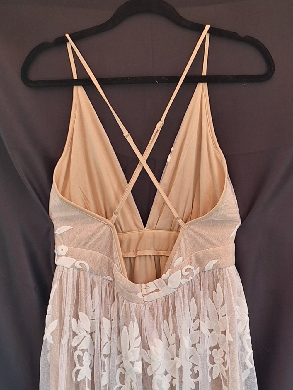 Ethereal Embroidered Lace Maxi Dress Nude Mesh White Floral Open Back L - Picture 2 of 10